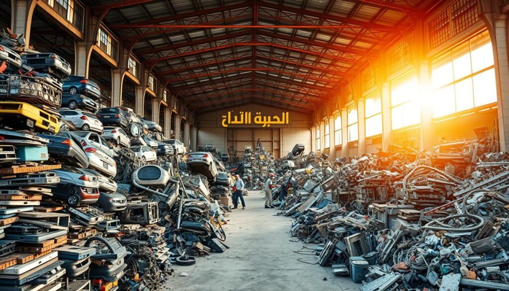 An interior view of a spacious industrial scrapyard in Riyadh, Saudi Arabia. The foreground features neatly stacked piles of various metal scrap materials, including car parts, appliances, and construction debris. The middle ground showcases a team of workers carefully sorting and categorizing the scrap, utilizing specialized tools and equipment. In the background, the warm, natural lighting floods the cavernous space, creating a welcoming and productive atmosphere. The prominent signage of "شراء سكراب بالرياض" is prominently displayed, reflecting the professional and reliable nature of the scrapyard operation.