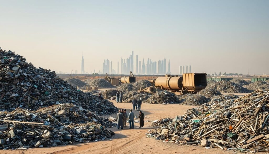 A well-lit, high-resolution photograph of a scrapyard situated in the Al-Ulaya district of Riyadh, Saudi Arabia. The scrapyard is bustling with activity, with various piles of discarded metal, electronics, and other recyclable materials neatly organized. In the foreground, a group of workers can be seen sorting through the scrap, carefully selecting items to be purchased by the local "شراء سكراب بالرياض" company. The middle ground features large industrial machinery used to compress and process the collected scrap. In the background, the skyline of Riyadh's modern skyscrapers can be seen, creating a juxtaposition between the industrial and urban landscapes. The image conveys a sense of productivity, efficiency, and the importance of the scrap recycling industry in the region.